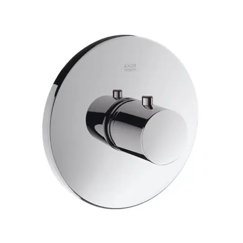 Wandmontiertes Thermostat in Chrom mit zwei Bedientasten. Hersteller AXOR. Runde Montageplatte. Eignet sich für die Steuerung von Wasser- oder Heizsystemen.